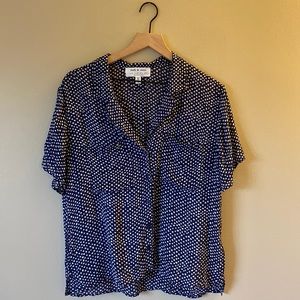 Cloth & Stone Navy Blue  Dot Silky Button Up Short Sleeve Top Petite Large